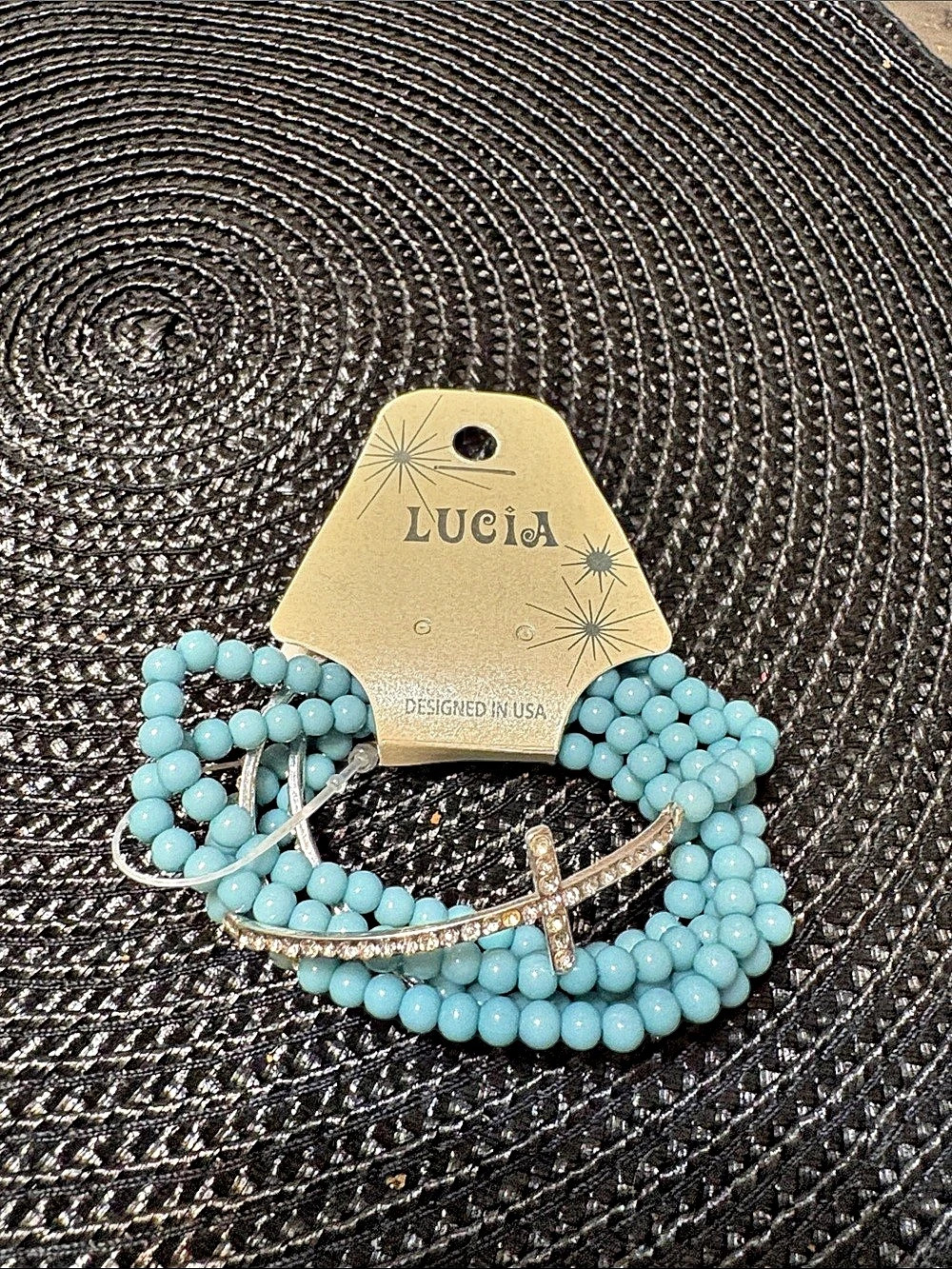Lucia Beaded Rhinestone Cross Bracelet in Blue